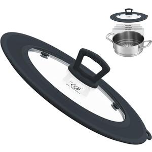 Vented Tempered Glass Universal Lid for Pot Pan Skillet with Heat Resistant Silicone Rim Microwave Splatter Lid Cover Microwave Safe Fit 9.5 10 10.5 11 Cookware, Dishwasher Safe Grey