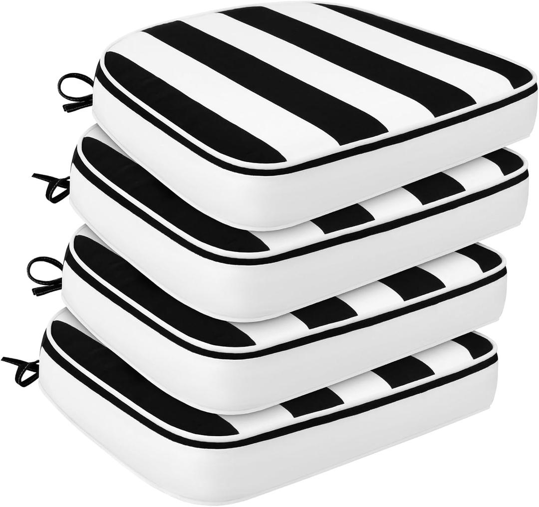 Outdoor Chair Cushions Set of 4,17"x16" Memory Foam Patio Chair Pads with Ties, Round Corner Seat Cushion for Outdoor Furniture Garden Deck,Black White