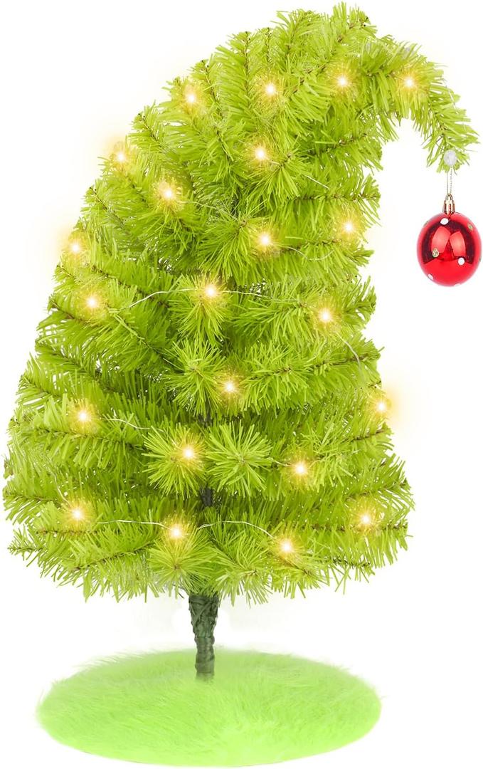 NEWISH Small Mini Christmas Tree, 2ft/24 inch Bendable Lime Green Artificial Mini Table Top Christmas Tree Decorations with Red Ball, Tree Skirt, 25 Pcs Tiny Kids DIY Xmas Tree Decor for Holiday Home
