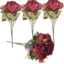 Vaguelly 4pcs Romantic Rose Bouquet Faux Flower Centerpiece for Weddings Home Decor Easy to Arrange for Table Decorations Floral Arrangements Elegant Design (Dark Red)