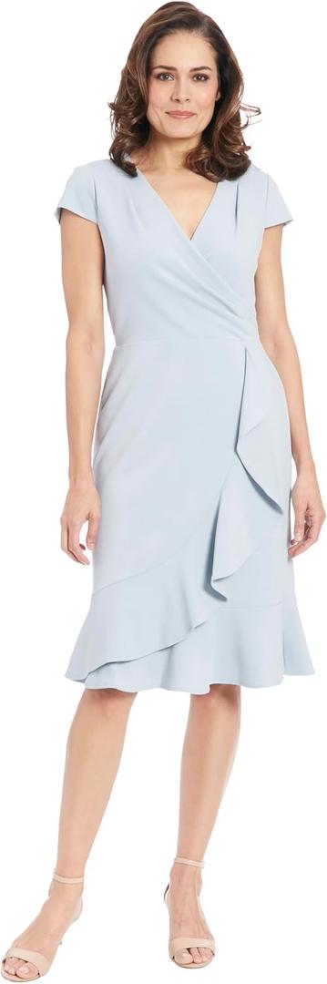 London Times Women's Dresses Feminine Ageless Surplice V-Neck Faux Wrap Ruffle Dress Office Event Shower Guest of, Cashmere Blue, 2