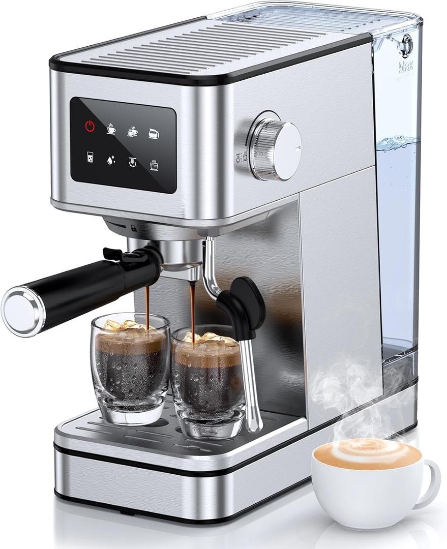 Espresso Machine with Milk Frother, 20 Bar Compact Coffee Machine with Touch Screen & 57.5oz Removable Water Tank for Home, Stainless Steel Espresso Maker for Cappuccino, Latte, Silver