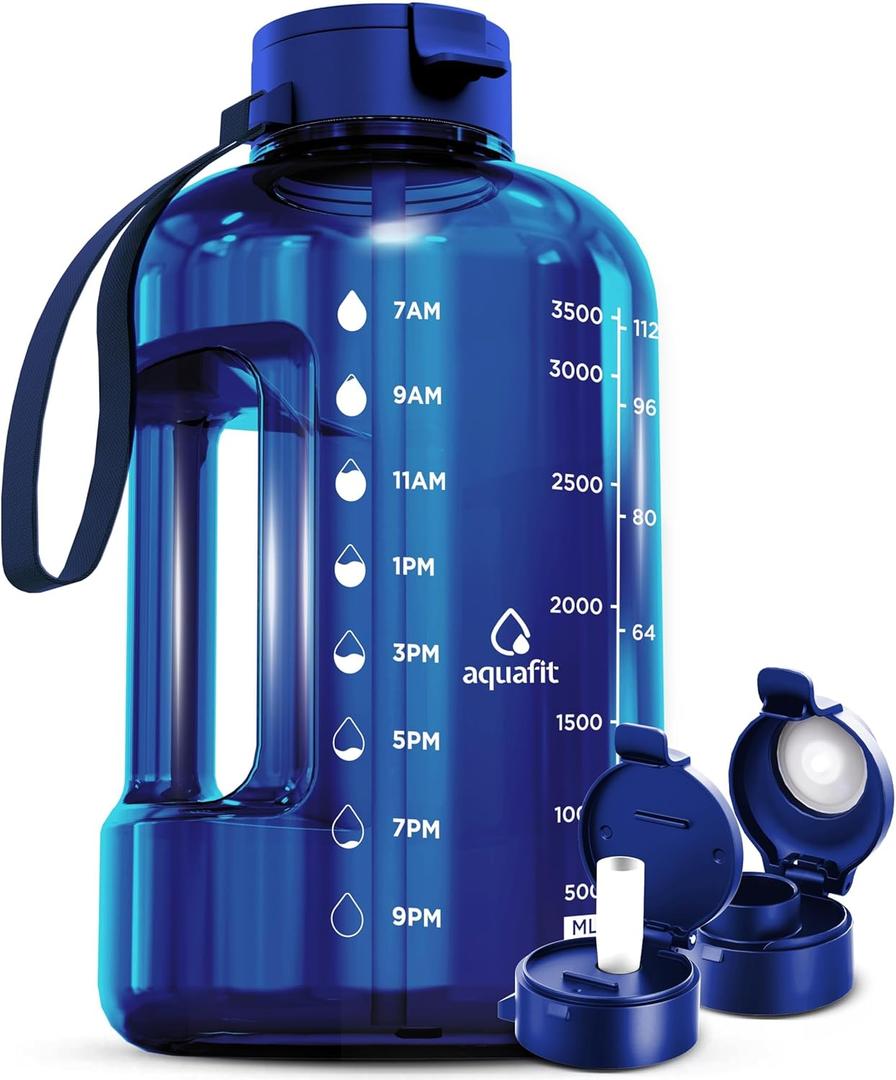 AQUAFIT Sports Motivational Water Bottle With Times To Drink , Straw, Time Marker for Gym- 128 oz - Large - Jug 1 Gallon (128 Ounces, Blue)
