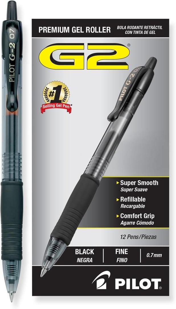 PILOT G2 Retractable Premium Gel Ink Roller Ball Pens Fine Point Black Ink Dozen Box (31020)
