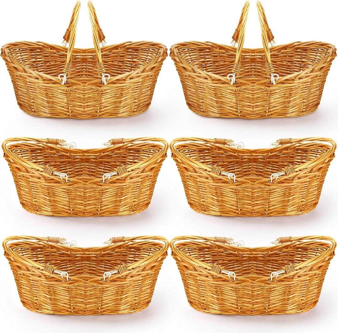 Wesiti 6 Pcs Wicker Picnic Basket with Handle, Hand Woven Harvest Basket Bulk, Wicker Flower Hoppet for Storage, Picnics, Easter, Organizing, Egg Gathering, Candy, Wedding(Light Brown)