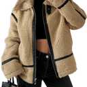 Tankaneo Women's Faux Fur Jackets Winter Trendy Sherpa Moto Leather Patchwork Zip Up Coat (Medium, Khaki)