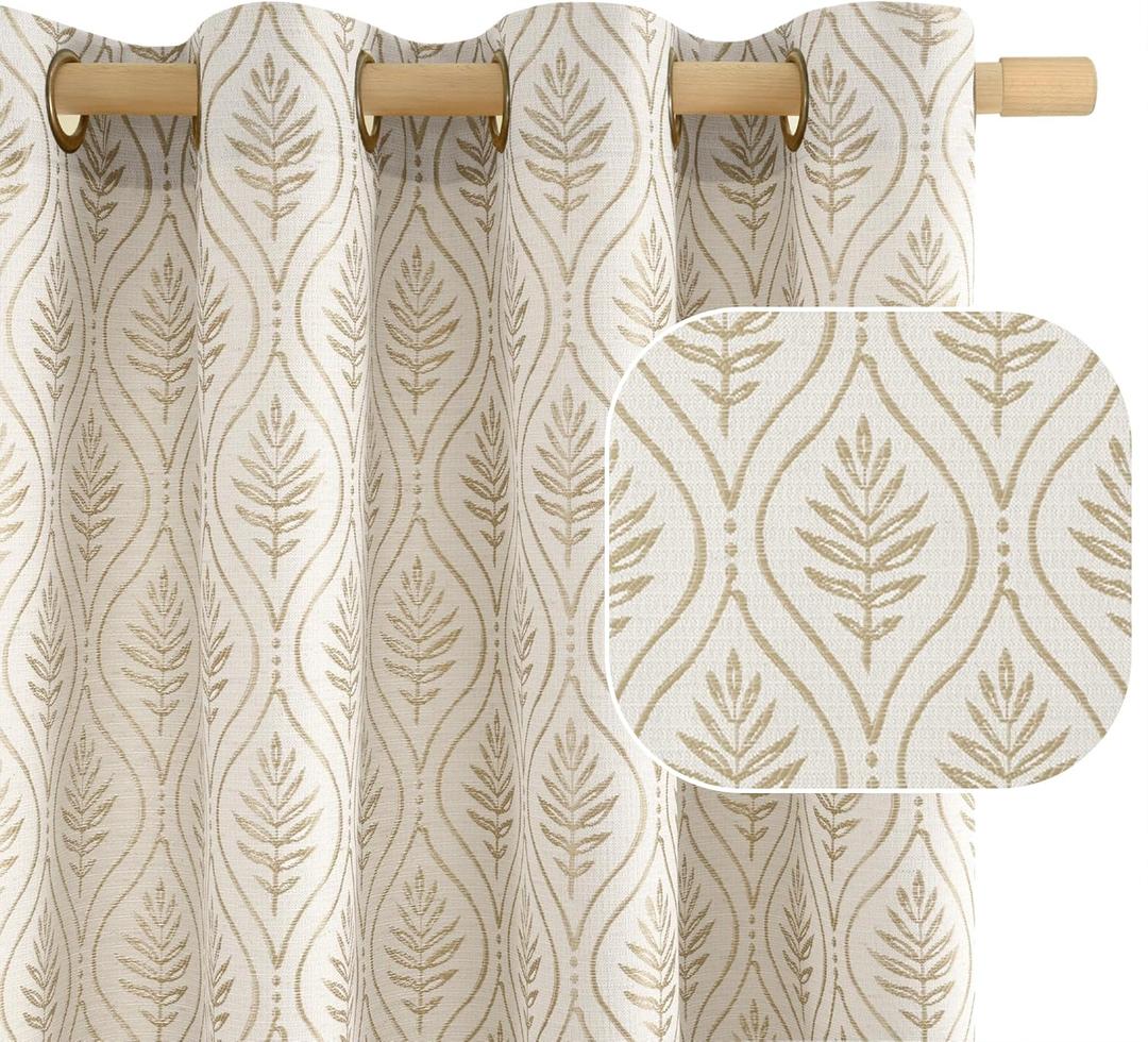 BGment Beige Linen Curtains for Living Room, French Country Leaf Jacquard Botanical Pattern Cottage Core Boho Vintage Grommet Light Filtering Semi Sheer Linen Curtains, 2 Panels, 52 x 84 Inch