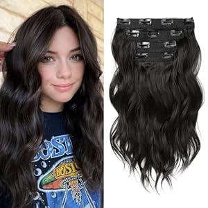 REECHO Clip in Hair Extensions - 4PCS 14" Short Beach Wavy Hairpieces, Invisible Lace Weft, Natural Soft Hair for Women (Black Brown)