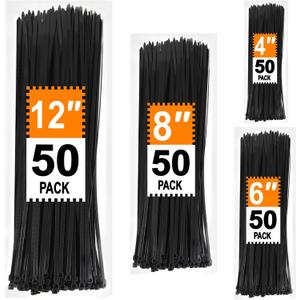 Zip Ties Assorted Sizes 4+6+8+12 inch, 200 Pack, Black Cable Ties, UV Resistant Wire Ties for Indoor and Outdoor Use, LOCKLOCK