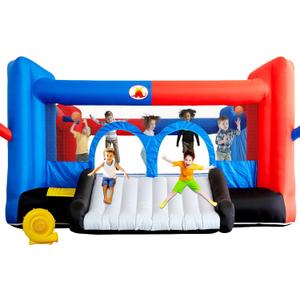 WELLFUNTIME Inflatable Bouncy Castle & Bounce House with Slide, 15.3ft x 14.7ft, Jumping Castle with Blower, Dartboard, Dual Basketball Hoop, Dual Kicking Boards, Jumping Area for 6 Kids