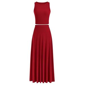 PRETTYGARDEN Women's 2 Piece Maxi Skirt Sets Casual Summer Knit Cropped Tank Top High Waisted Long Skirts Outfit (Red,Medium)