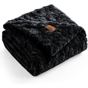 Cozy Bliss Faux Fur Throw Blanket for Couch, Fuzzy Soft Plush Thick Warm Fluffy Reversible Wave Textured Blanket for Sofa Bedroom Living Room, 55 * 70 Inches Black