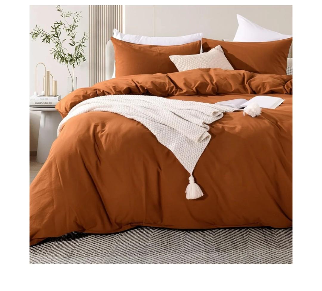 Terracotta Burnt Orange Duvet Cover Set Queen Size Linen Textured Organic Natural 100% Washed Cotton Duvet Cover Caramel 3 Pieces Bedding Set with Zipper Closure Soft (No Comforter), 90 x 90