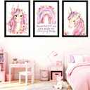 Cute Pink Unicorn Girl Quote Framed Wall Art Set of 3, Lovely Pastel Purple Rainbow Saying Sign for Baby Kid Toddlers, Cozy Watercolor Wooden Preschool Inspirational Flower Nursery Wall Decor Black
