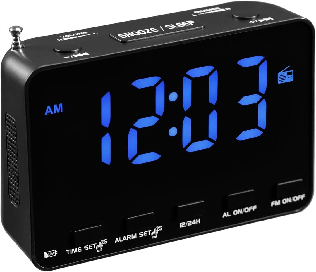 Portable Digital FM Radio Alarm Clock FM Radio Wake Up,USB Charging, Dimmer & Volume Dial, Snooze, Battery Backup Small Bedside Clock for Bedroom, Travel, and Desk