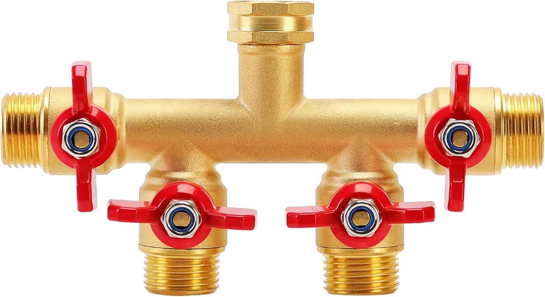 FINEST+ 4 Way Brass Hose Splitter, Solid Brass High Volume 4 Way Hose Splitter Valve with Metal Handle, Hose Connector 3/4", Hose Spigot Adapter 4 Valves with 4 Extra Rubber Washers