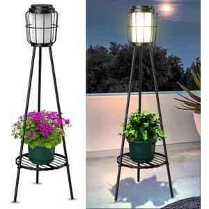 MXwcy 2 Pack Solar Lights Outdoor with Plant Stands - Solar Floor Lamp & Street Lights with Metal Tripod - Patio Decor for Garden, Yard, Pathway, Driveway, Porch (36in, A- 2Pack Black - Single shelf)