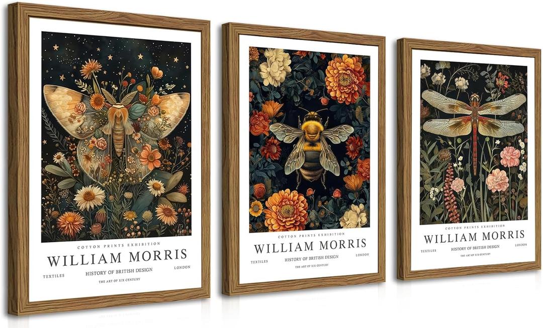 Wood Frame William Morris Wall Art Set of 3, Vintage Animal Bee Butterfly Dragonfly Posters Prints, Botanical Nature Flower Canvas Wall Decor Paintings for Living Room Bedroom Bathroom 16x24In Framed