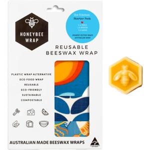 Honeybee Beeswax Wraps - Kitchen Starter Pack with Wax Replenish Block - Certified Organic Cotton Beeswax Wrap - Reusable Beeswax Food Wrap - 3 Pack - Small, Medium & Large