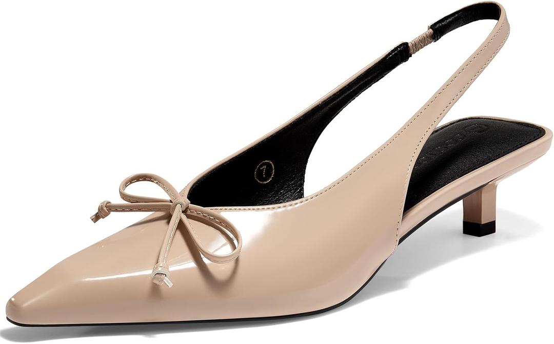 Coutgo Womens Slingback Kitten Low Heels Dress Shoes Closed Pointed Toe Bow Tie Slip on Office Work Pumps (8.5, Khaki)