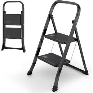 2 x 2-Step Ladder with Wide Anti-Slip Platform & Thick Rubber Feet | Heavy Duty Foldable & Portable | 330 lbs Capacity, Steel Frame, Rubber Handgrip, Folding Step Stool