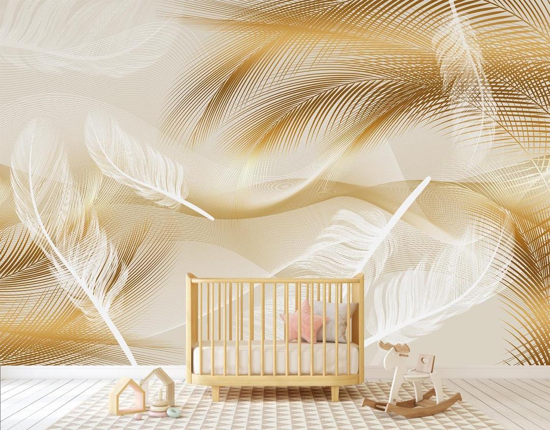 Gold and White Feather Wallpaper for Living Room BedroomNot Peel and Stick (160" x 106", Cybh-944)