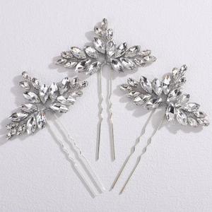 Missgrace Women Silver Red Green Simple Rhinestones Hair Pins Headpiece Bride Wedding Prom Party Hair Accessories for Women Set of 3 (Silver)