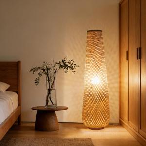 MIXL Boho Style Bamboo Woven Floor Lamp for Living Room, 36 in, Cozy Decor | Handcrafted Wicker Shade, Unique Shadow Pattern, No Assembly Required, 3000K Warm Ambient Lighting, Rattan Floor Lamp