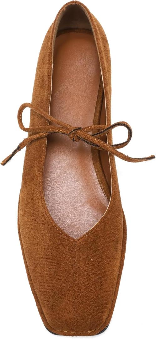 Lace Up Square Toe Ballet Flats for Women Cute Bow Slip On Mary Jane Flats Casual Ballerina Shoes (7, Suede-brown)