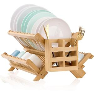 Bmaboo Dish Drying Rack For Kitchen Counter 3-Tier Collapsible Wooden Dish Drying Rack With Utensil Holder Dish Drainer Large Folding Dish Rack With Utensils Flatware Holder 51 Pcs Grid