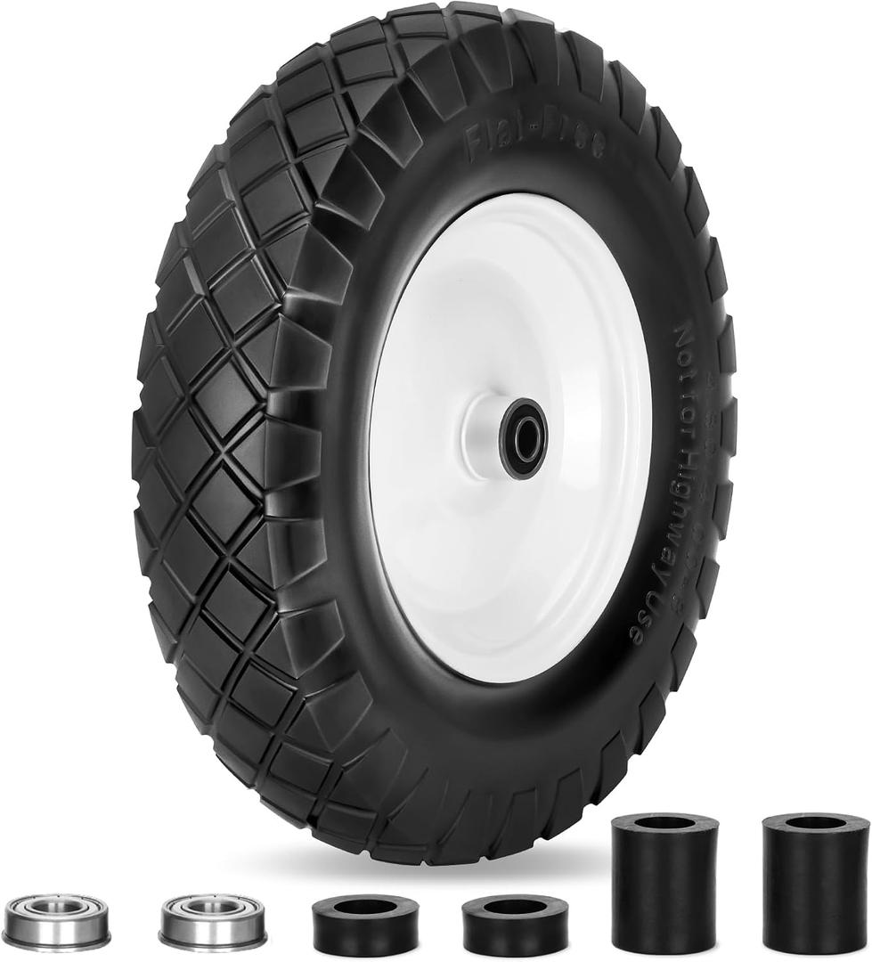 Upgraded 16" Flat Free Wheelbarrow Wheels and Tires, 4.80/4.00-8 Solid Tires with 5/8"&3/4" Bearings,14"-16" Universal Fit Wheelbarrow Wheel for Wheelbarrows/Garden Trailer