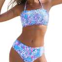 CUPSHE Bikini Set for Women Two Piece Swimsuit Bandeau Top Back Tie Mid Waisted Bottom with Removable Shoulder Straps (Blue, M)