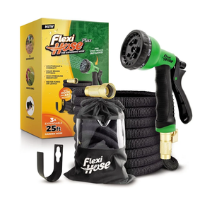 Flexi Hose PLUS with 8 Function Nozzle Expandable Garden Hose, Lightweight & No-Kink Flexible Garden Hose, 3/4 inch Solid Brass Fittings and Double Latex Core, 25 ft Black