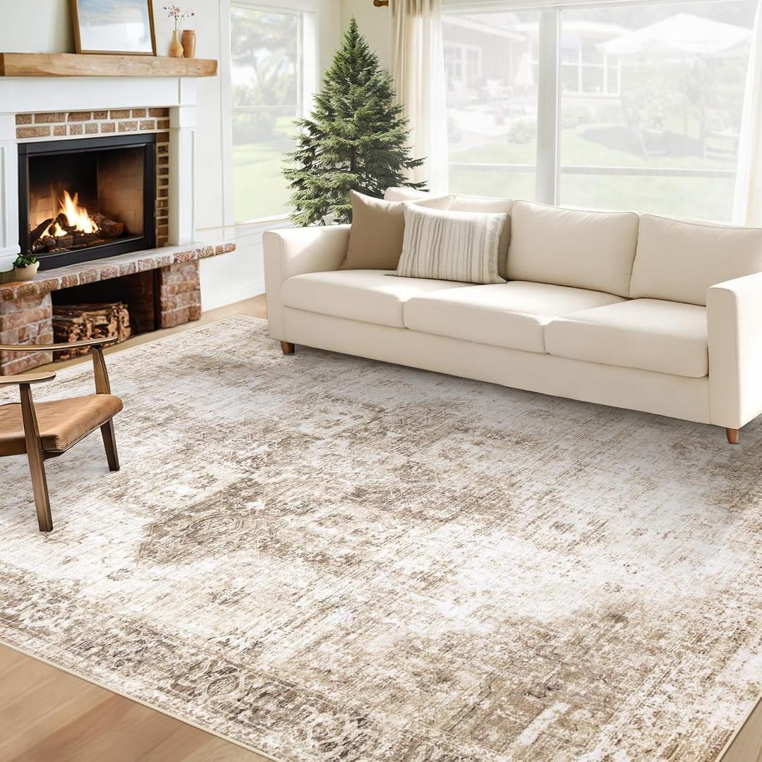 Area Rug 6x9 Washable Rug, Vintage Boho Medallion Rugs Non-Slip Soft Low Pile Large Distressed Rug Indoor Retro Carpet for Living Room Bedroom Dining Room Home Office (Brown, 6'x9')