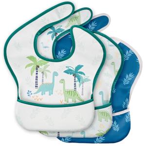 3-Pack Waterproof Baby Bibs for Eating - Mess Proof Lightweight Toddler Feeding Bibs with Large Food Catcher, Food-Grade Baby Eating Essentials, Easy to Put On & Clean (Blue Dinosaur)