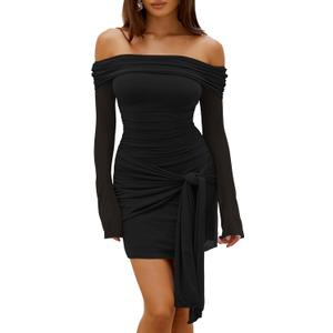 HOCILLE Women's Sexy Off Shoulder Bodycon Mini Dress Mesh Long Sleeve Wrap Tie Waist Ruched Party Dresses (Medium, Black)