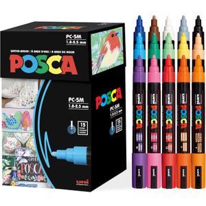 Posca Paint Art Markers, Set of 15 5M Medium Acrylic Markers with Reversible Tips, Artist Recommended Paint Pens for Gifts, Decorations, Fabric, Metal, Windows, Wood and Canvas (Assorted)