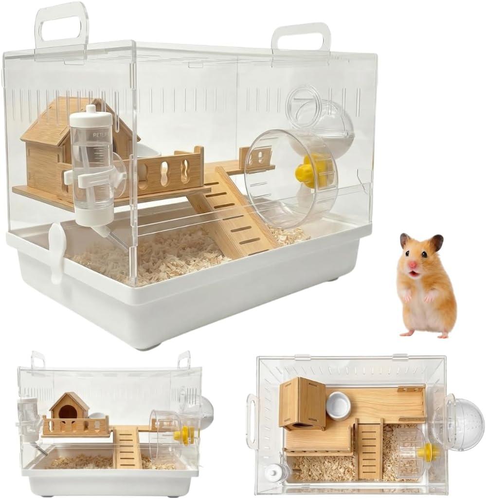 Clear Acrylic Hamster Cage Habitat, 2-Tier Small Animal Mouse Habitat with Wheel, Hideout & Accessories, Transparent Cage Hamster Starter Home for Dwarf Hamsters, Gerbils & Mice Enclosure