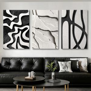 3 Piece 3D Abstract Textured Wall Art Black White Sandstone Home Decor, 16''W x 24''H x 3