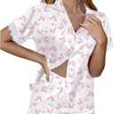 Ekouaer Womens Lace Satin Pajama Set Button Down Pj Shorts Set Bridesmaids Getting Ready Outfits Casual Sleepwear (Large, Pink Bow Hydrangea)