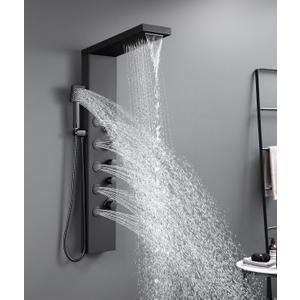 ROVATE Shower Panel Tower with Rainfall Waterfall Shower Head, Elegant Matte Black 4-in-1 Shower Tower Syetem with Jets and Handheld, Stainless Steel Shower Column High Pressure