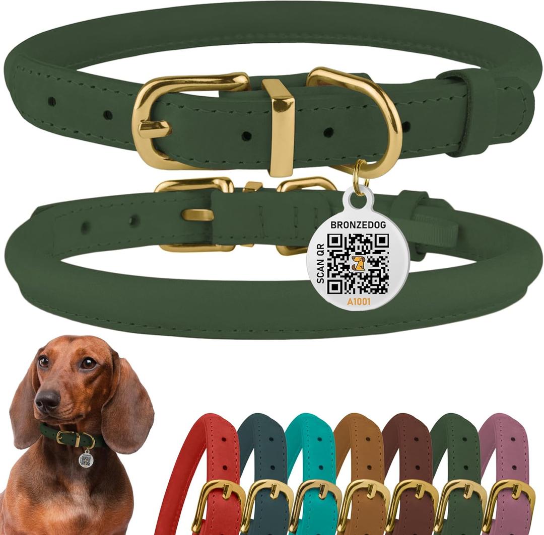 BronzeDog Rolled Leather Dog Collar with QR ID Tag, Adjustable Soft Round Collars for Small Medium Large Dogs Puppy (14" - 16" Neck Size, Emerald Green) (14 - 16 inch)