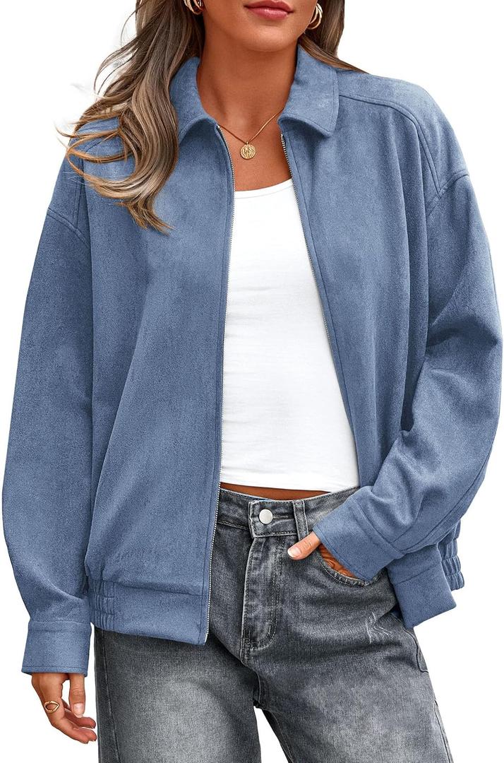 PRETTYGARDEN Faux Suede Bomber Jacket Women Fall Fashion 2026 Casual Zip Up Oversized Trendy Winter Clothing Outerwear Coats (Blue, S)