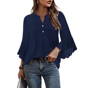 Angerella Ladies Tops & Blouses Dark Blue Office Attire Blouses Casual Business Shirts Plus Size Professional Formal Interview Clothes Relaxed Ruffled 3/4 Length Sleeve Chiffon Outfits Loose Fit S (Blue, S)