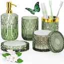 QIQU Green Glass Bathroom Accessories Set 5 Pcs, Green Bathroom Set, Soap Dispenser and Toothbrush Holder Set, Qtip Holder Set, Vintage Bathroom Sink Set, Cute Bathroom Decor