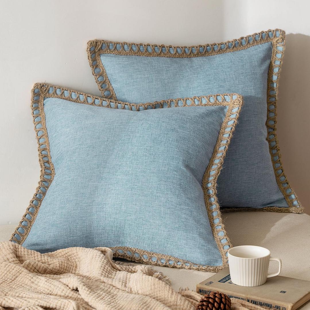 MIULEE Pack of 2 Decorative Throw Pillow Covers Modern Farmhouse Outdoor Summer Pillow Covers Neutral Linen Burlap Pillowcases Cushions for Couch Bed Living Room Sofa, Light Blue 18 x 18 inches