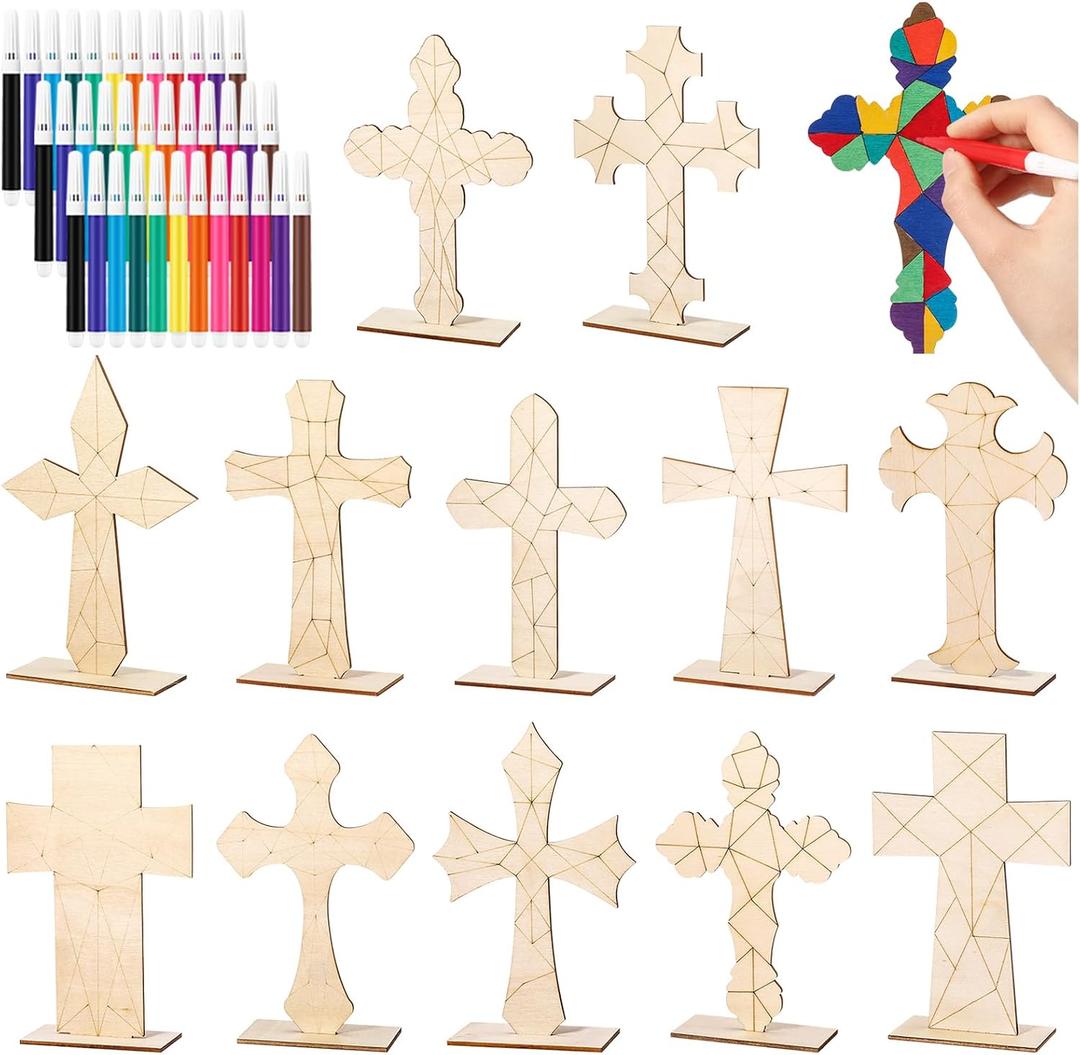 Bucherry 15 Pack Color Your Own Cross Kit Wood Christian Religious DIY Coloring Craft Kit Table Centerpiece with Watercolor Pen for Sunday School Classroom Church Art Project