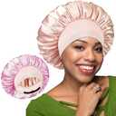 BONNET QUEEN Silk Bonnet for Sleeping Women Satin Bonnet Hair Bonnet Adjustable Reversible Double Layered Sleep Night Cap for Curly Hair Jade and Pink, Set of 2