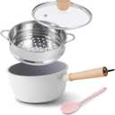 ROCKURWOK Ceramic Nonstick Sauce Pan with Lid, 2 Quart Cooking Pot, Small Saucepan with Steamer, PTFE & PFAS-Free, Wooden Handle for Cool Touch, Universal Base(Gas, Electric & Induction), White