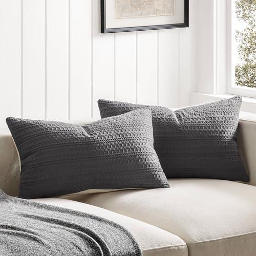 ZeeMart 100% Cotton Waffle Textured Lumbar Throw Pillow Covers Set of 2, 12x20 Inch Charcoal, Soft Farmhouse Decorative Couch Pillow Cases Dark Grey Cushion Covers for Sofa Bed Living Room Home Decor